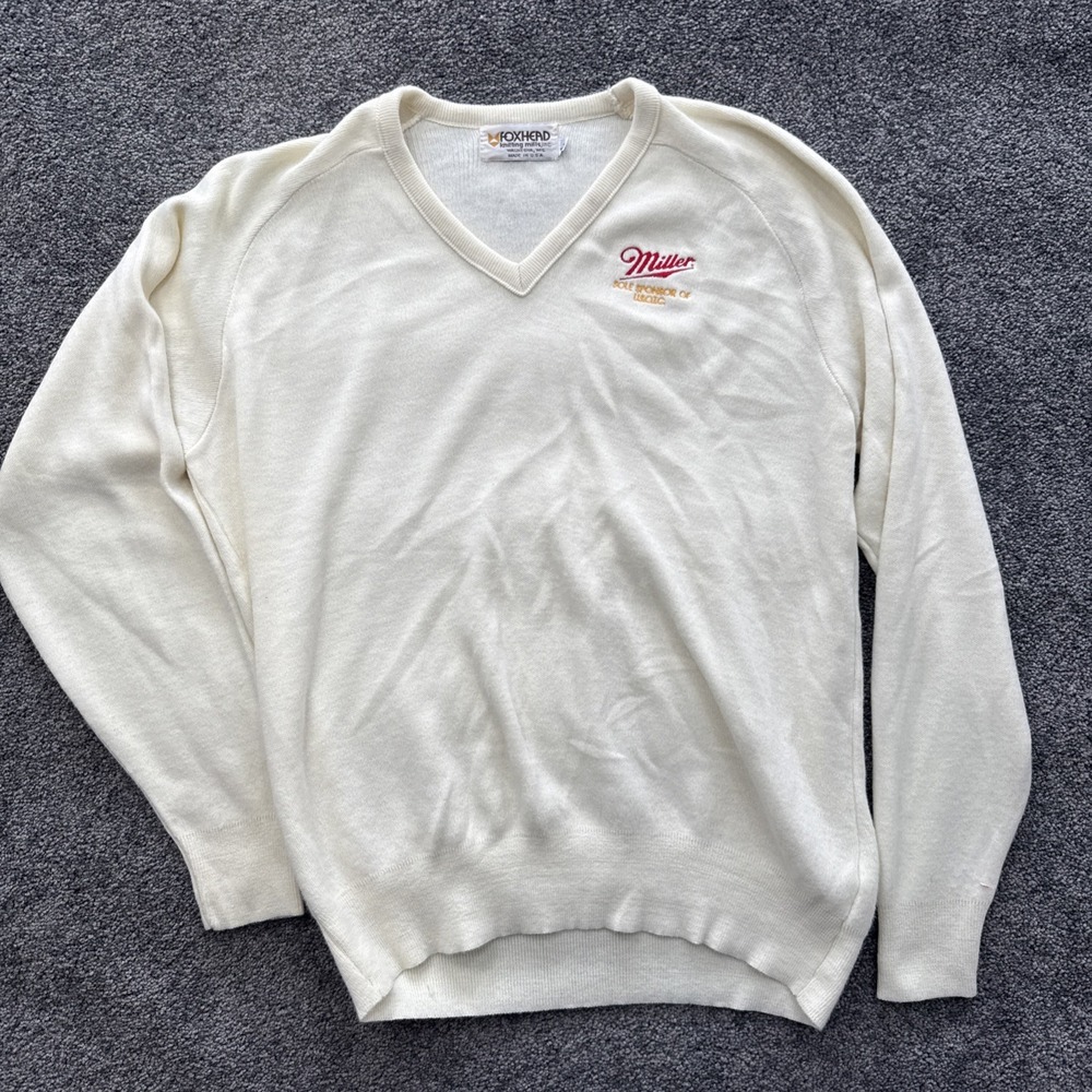 Mens L VTG Miller Beer Sweater USA Olympic Team Foxhead Made in USA V Neck